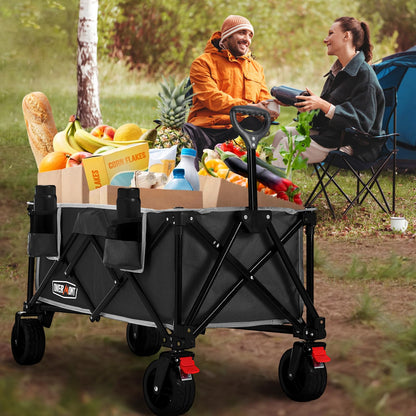 Overmont 150kg Festival Camping Trolley on Wheels - Heavy Duty Folding Wagon Cart with Extra Wide Wheels, 330lbs Capacity, Adjustable Handle, Portable for Outdoor, Garden, Shopping, Beach - Black