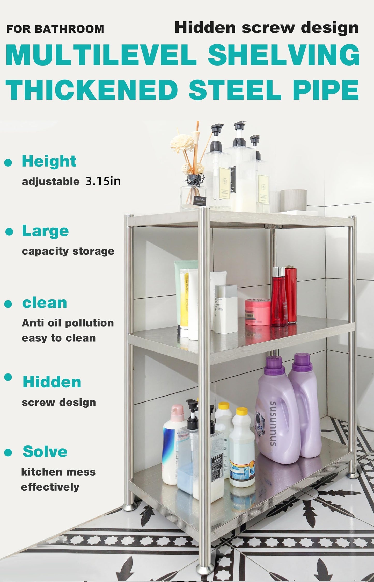 susunnus Stainless Steel Shelves 23.6in-5 Tier, Stainless Steel Shelf Organizer, Kitchen Storage Shelves,Artistic Texture, Pragmatic & Sturdy & Waterproof