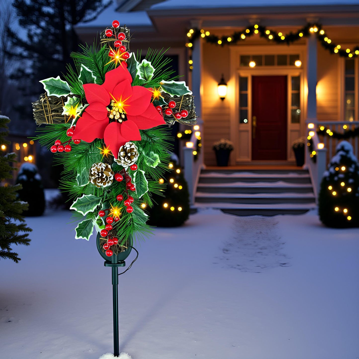 YULETIME 36" Christmas Cross Stake, Solar Powered with 15 Fairy Lights, Metal Cross, Natural Rattan, Red Poinsettia & Berries, Pine Cones, Pine Needles (Red)