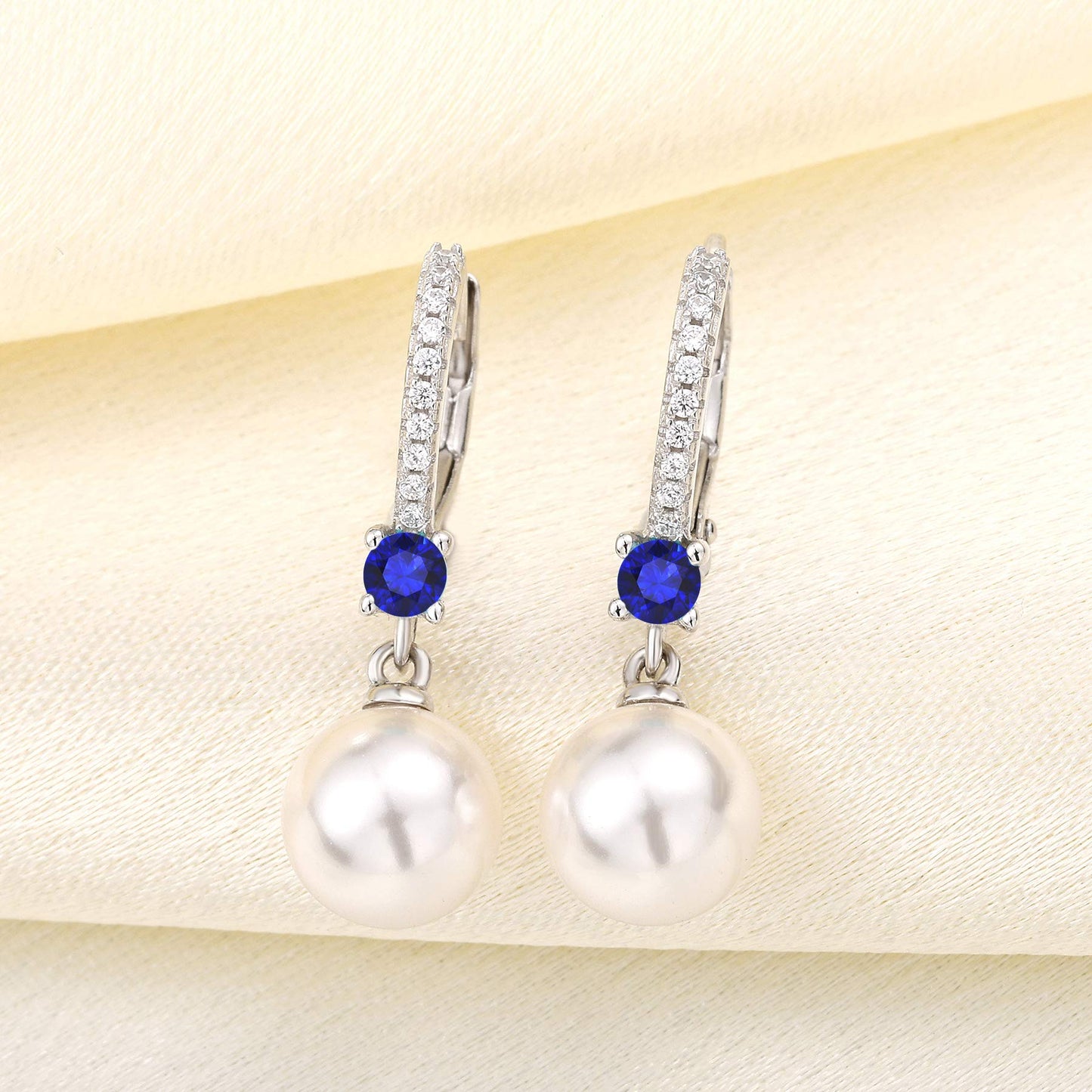 JO WISDOM Pearl Earrings,925 Sterling Silver 8mm Pearl Leverback Drop Earrings with 3A CZ September Birthstone Sapphire Color,Wedding Earrings