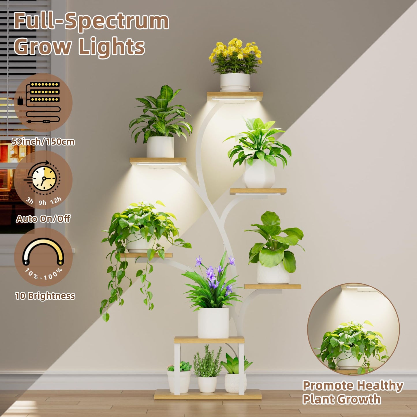 BACEKOLL Plant Stand Indoor with Grow Lights, 7 Tiered Plant Shelf Indoor, 49" Corner Plant Stands for Indoor Plants, Metal Plant Flower Display Shelf, Tree-Shaped Plant Rack for Home, Patio, White