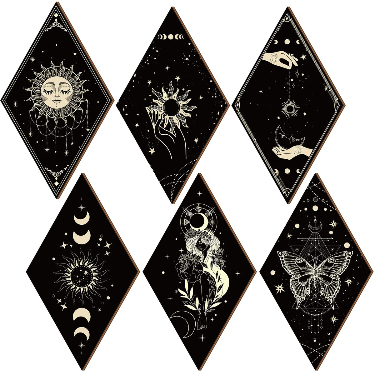 Sintuff 6 Pieces Gothic Wall Decor Boho Sun Moon Phases Wall Art Gothic Minimalist Stars Sun Hanging Wooden Home Decor Farmhouse Pediments for Gallery Living Bedroom Room(Boho)