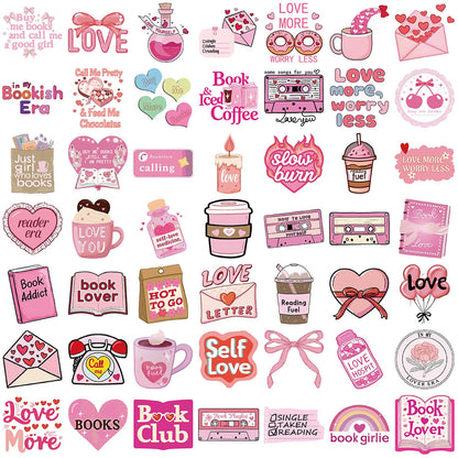 50Pcs Pink Love Stickers, Waterproof Heart Self Loves Sticker, Cute Scrapbook Aesthetic Reading Decals Book Lovers Gifts for Greeting Cards Laptops Phone Cases Tumblers Water Bottles Girls (Love)