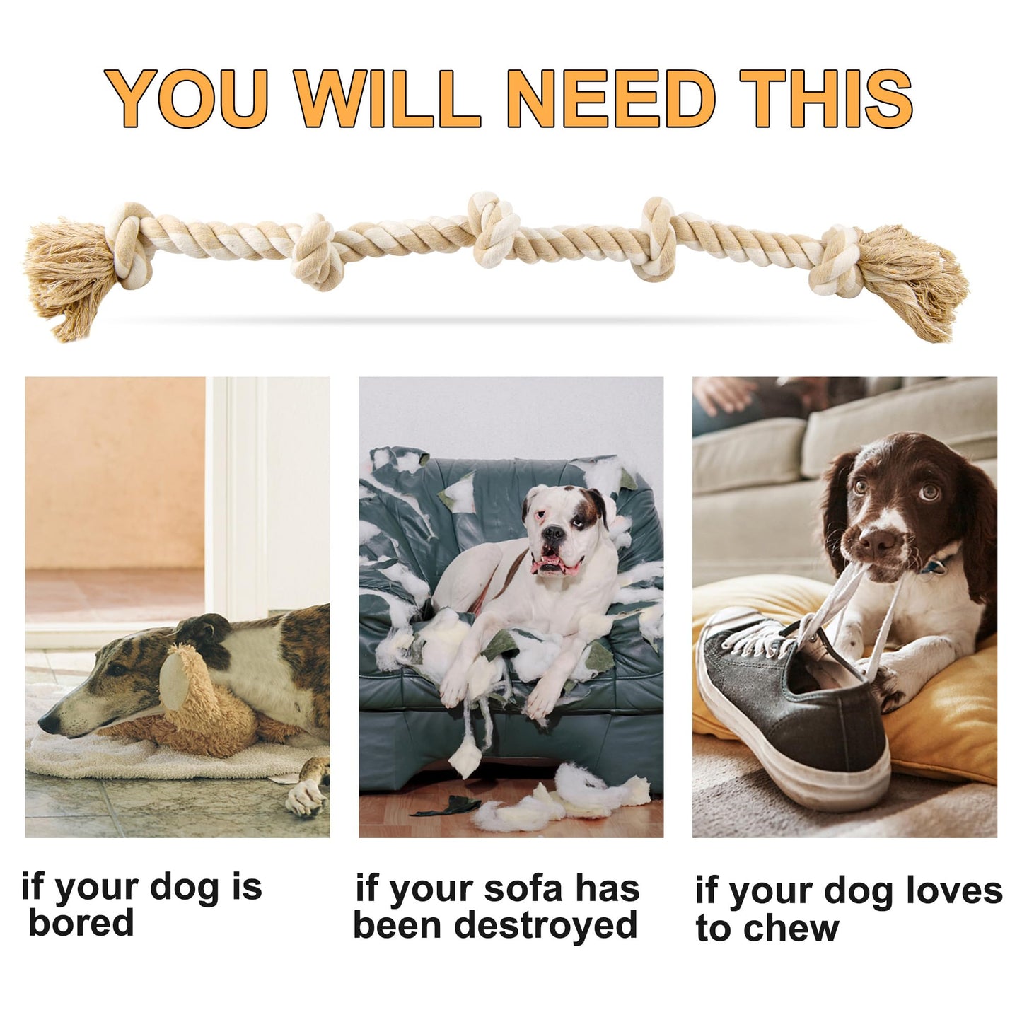 Fida Dog Rope Toys for Large Dogs, 92cm Indestructible Dog Toys for Tug of War, 100% Natural Cotton Chew Toy for Boredom, Pulling, Teeth Cleaning