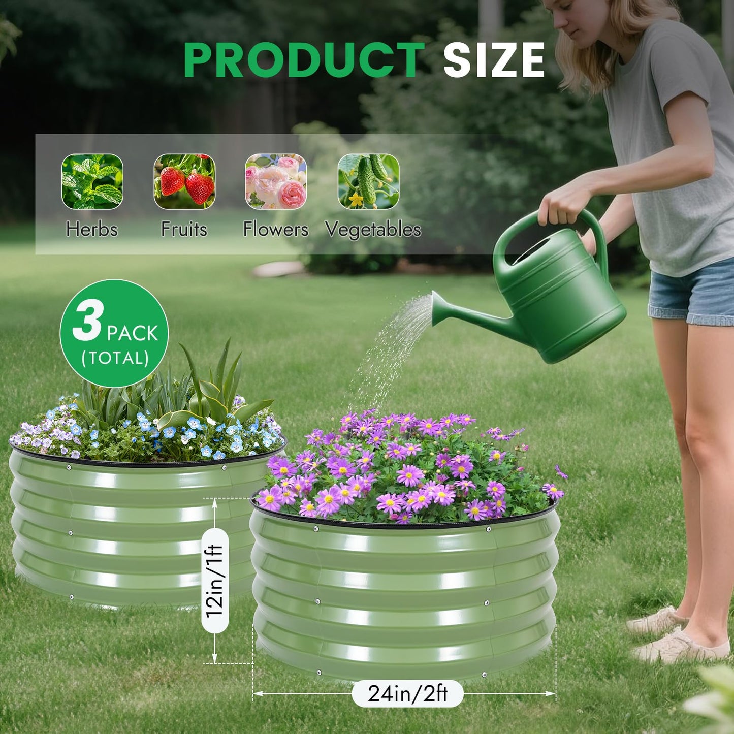 INNO STAGE 3 Pcs Round Galvanized Raised Garden Bed — 2×2×1ft Planter Box Outdoor Raised Beds Kit for Gardening Vegetables, Fruits, Herbs, and Flowers, Olive Green