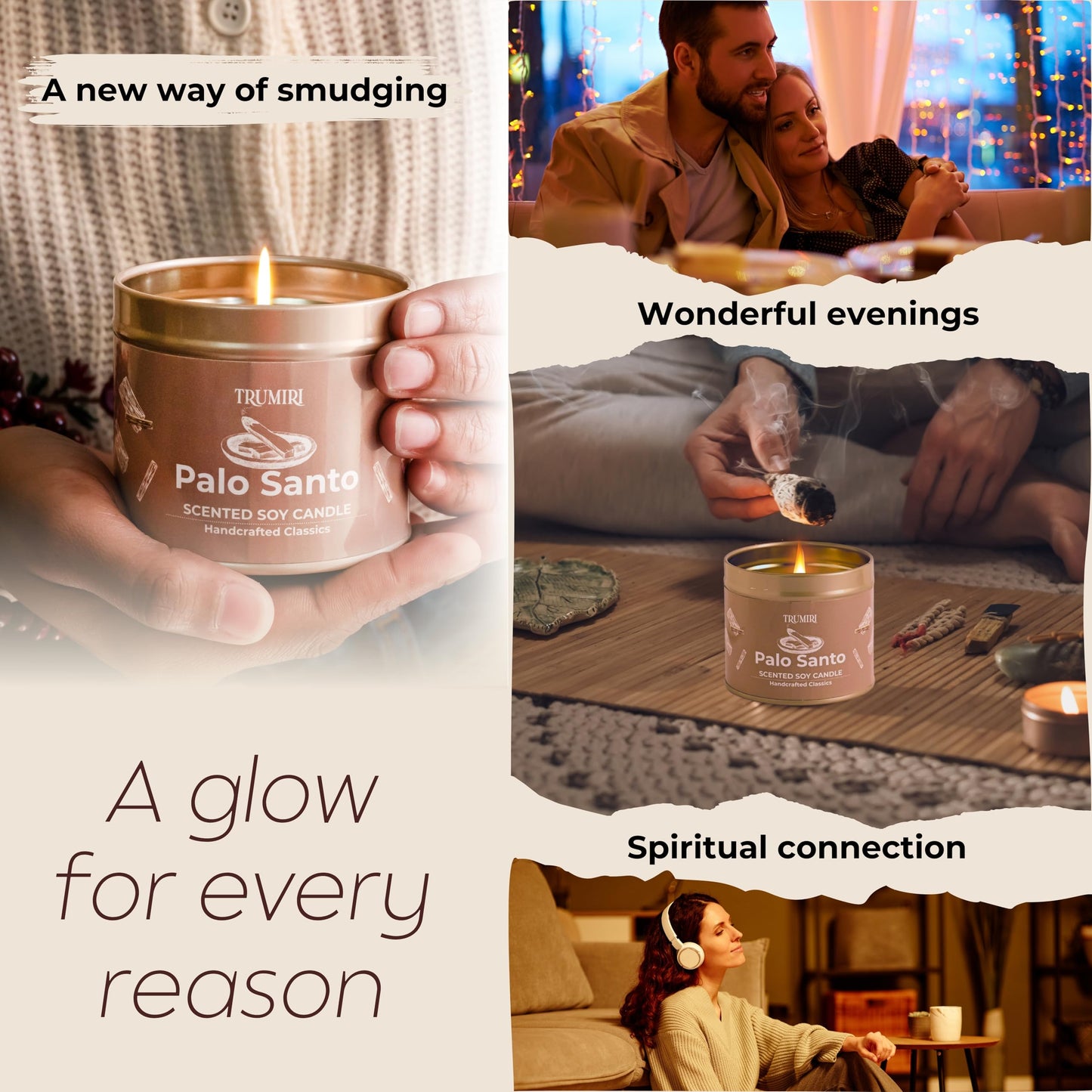 Palo Santo Candle for Home - Highly Scented with Citrine Crystals - Pack of 3 x 5oz Soy Wax Organic Non Toxic for Aromatherapy Relaxation Meditation - Room Decor for Men - Pet Safe Candel