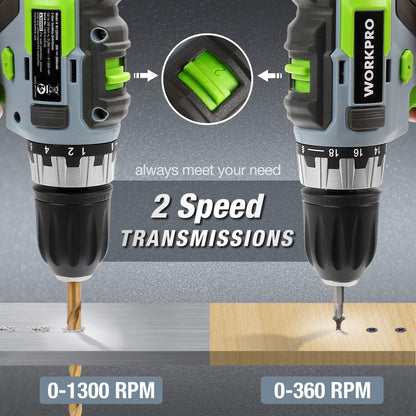 WORKPRO 20V Cordless Compact Drill Driver and Impact Driver, Combi Drill Including 2 x 2.0 Ah Li-ion Batteries, 1 Hour Fast Charger, 6 PCS Twist Drill Bits 10PC Screwdriver Bits