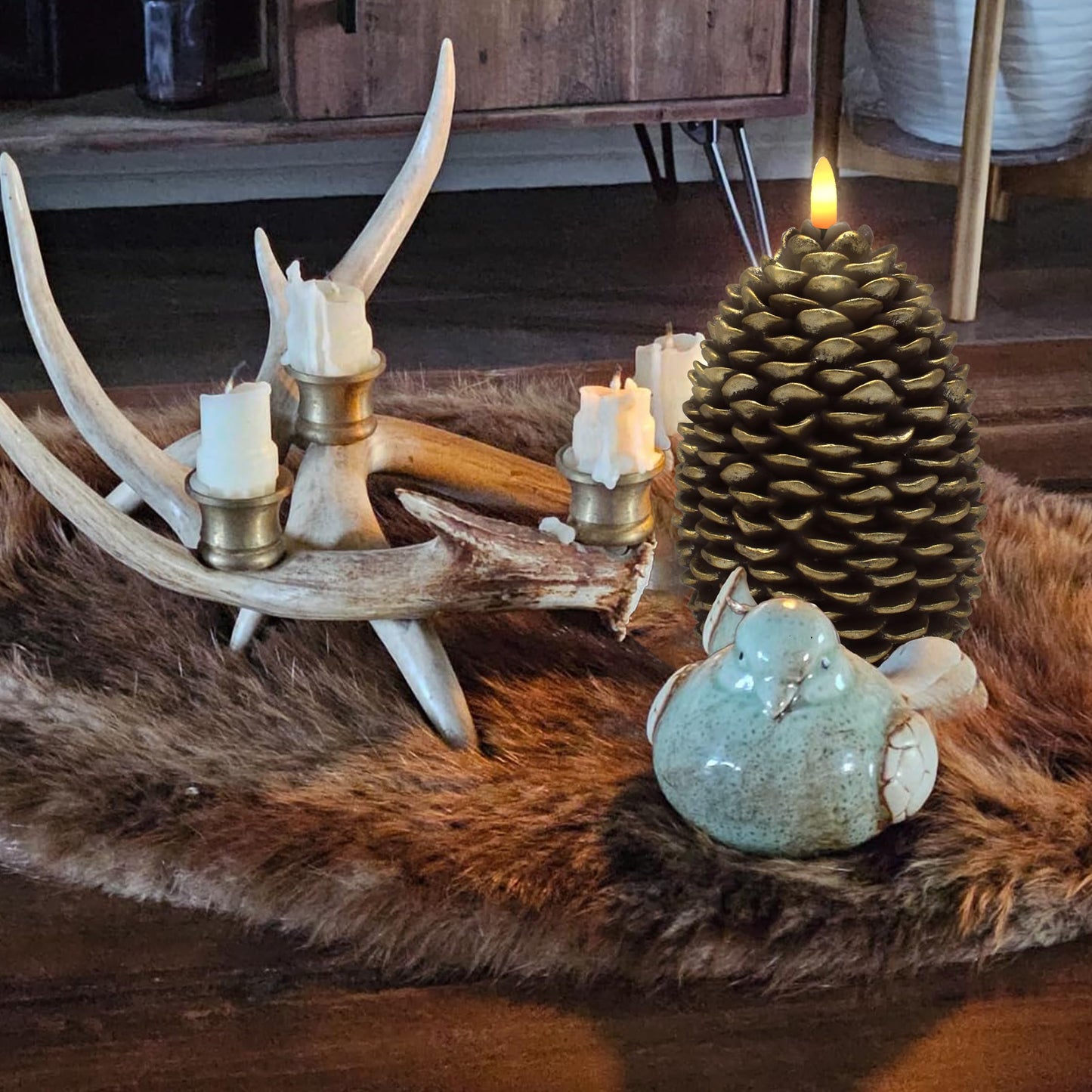 CVHOMEDECO. Pine Cone Candles Battery Operated Pinecones with Remote and Timer, Pine Cones Candle LED Flameless Flickering Candles for Fall, Christmas Decor. Golden-Brown, H 6.5 Inch, Pack of 2