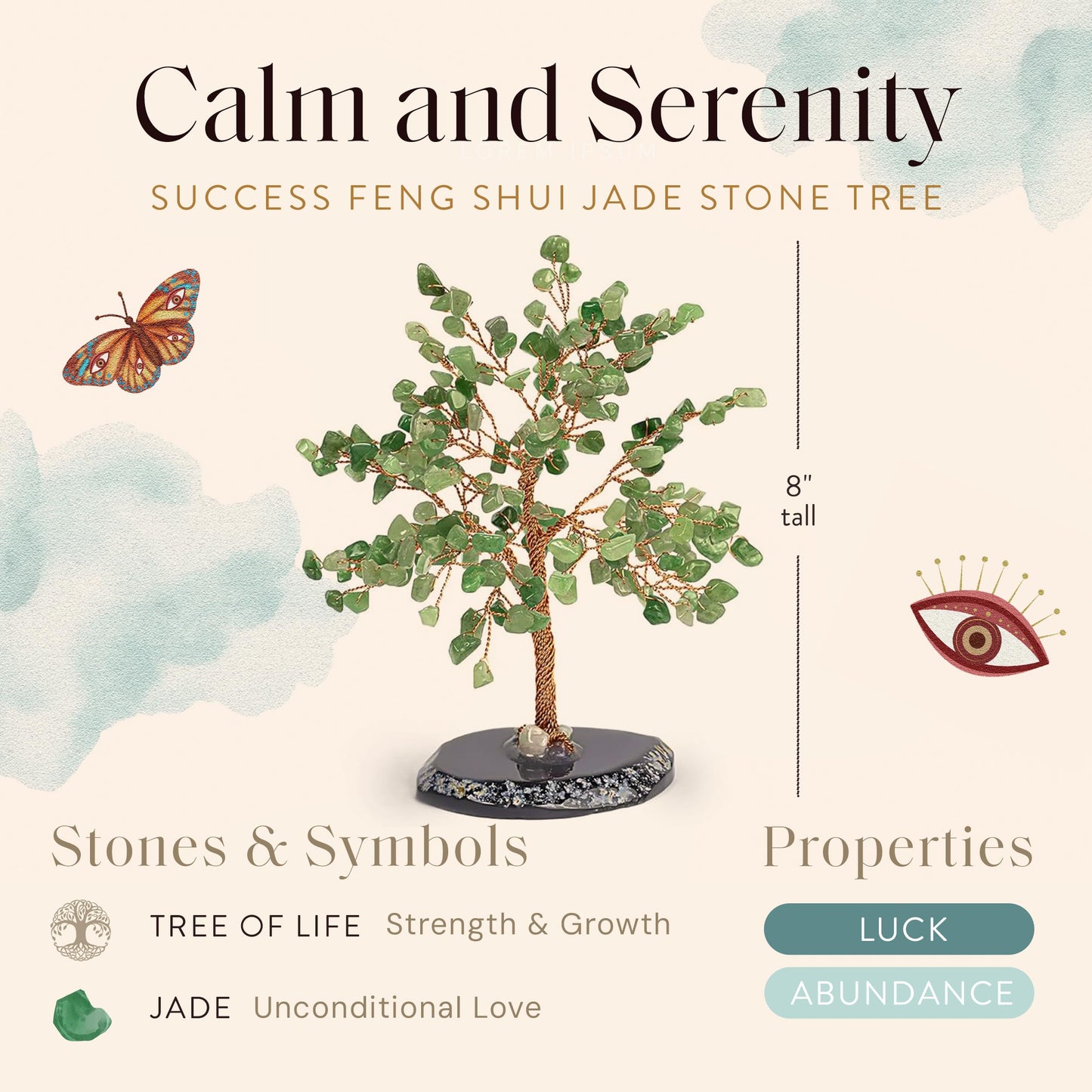 KARMA AND LUCK Jade Crystal Tree of Life, Feng Shui Money Tree Decor with Natural Jade Gemstones, Copper Wire Bonsai Tree on Agate Base, Spiritual Home, Office, Desk Decor Gift, 8" Medium