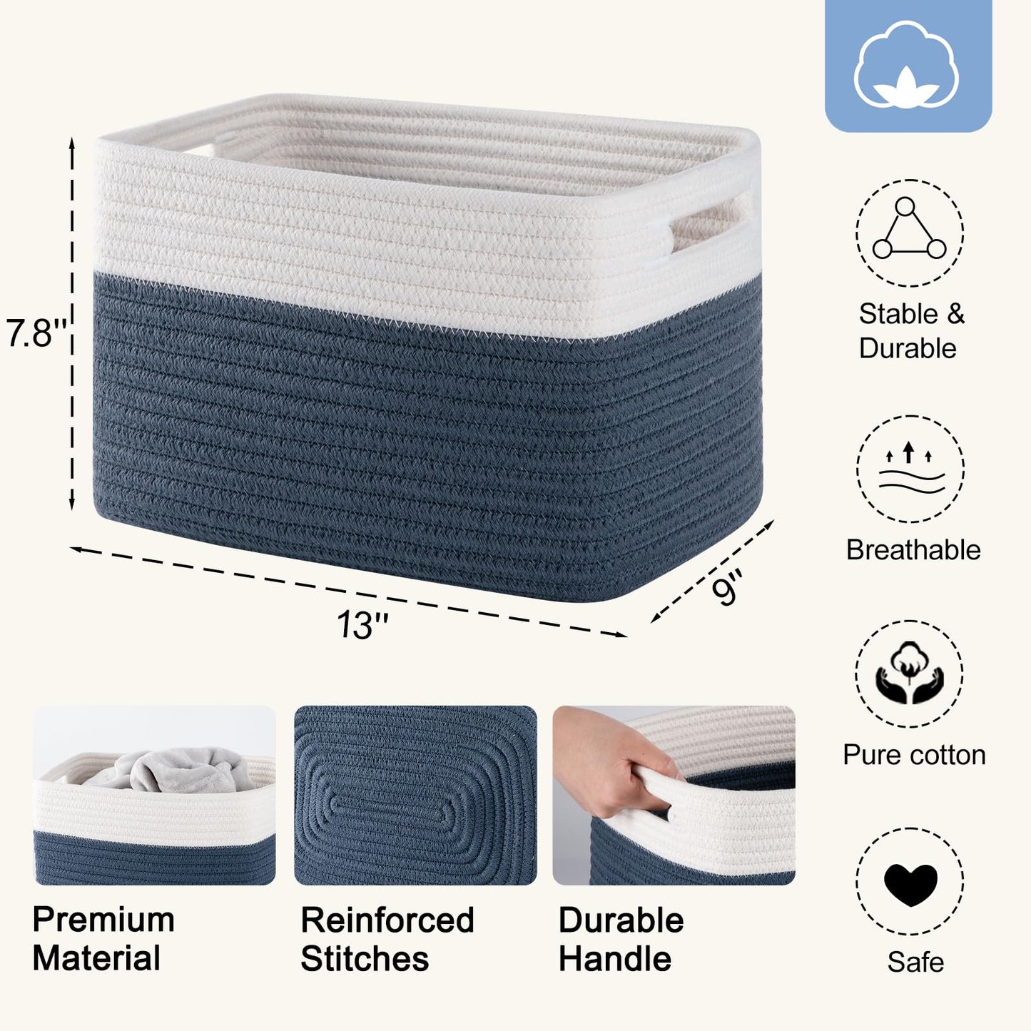 SIXDOVE 4 Pack Storage Baskets for Organizing, Woven Baskets for Shelves - Perfect for Toys, Books, Towels, and Clothes, Durable Gift Basket Bins Toy Storage, 12.7''L x9''W x7.8''H, Blue and White