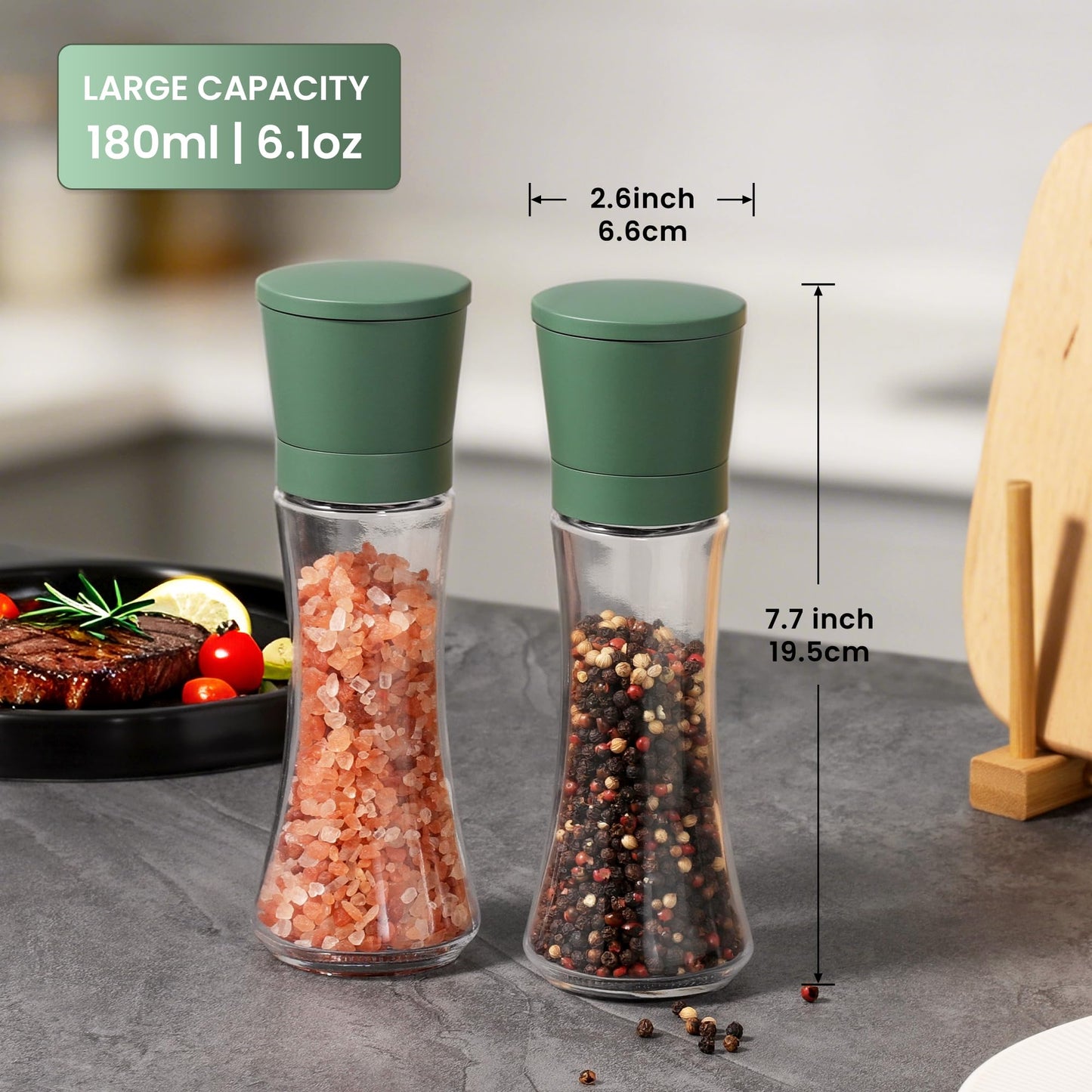 VEVOK CHEF Green Salt and Pepper Grinder Mill Set Stainless Steel Pepper Shaker Adjustable Ceramic Coarseness Salt Grinder Black Pepper Spice Grinder Mill