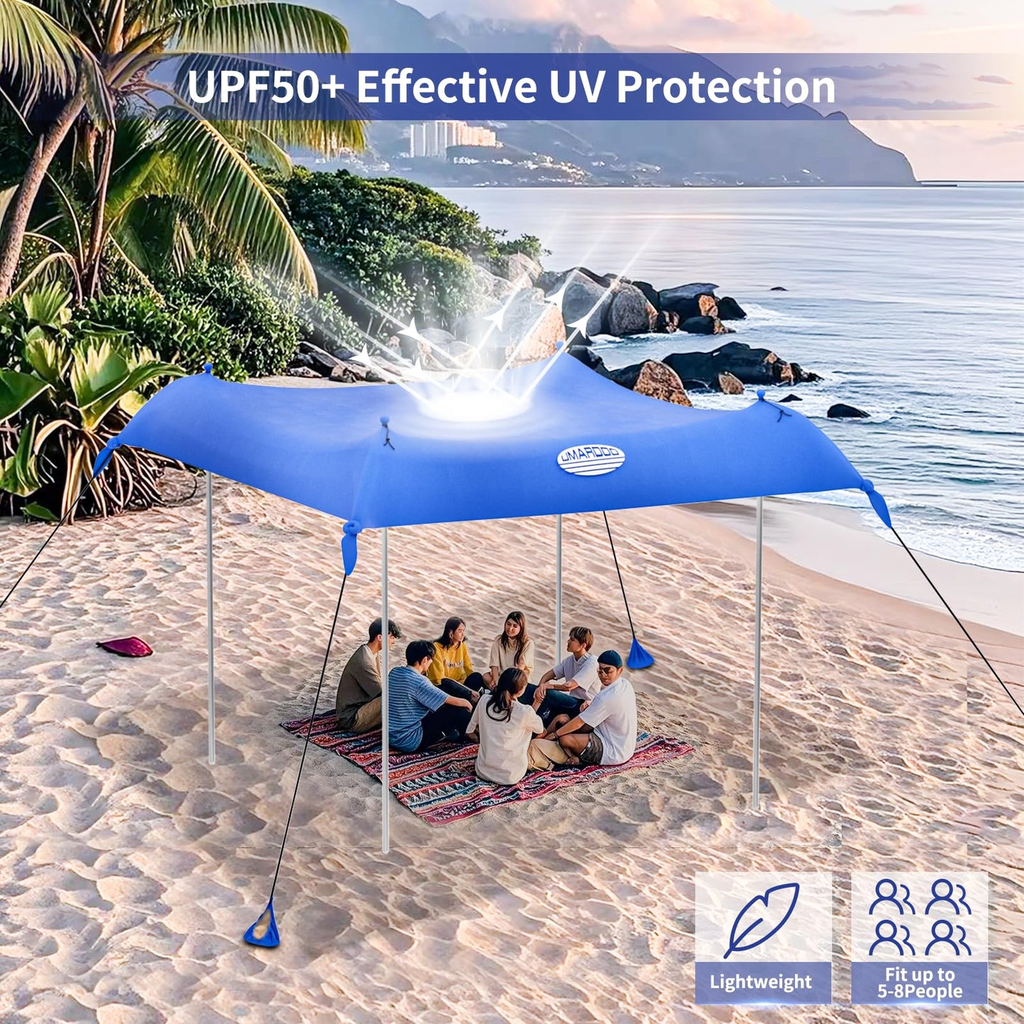 UMARDOO Family Beach Tent Canopy Sun Shade Portable 10×10FT, Large Wind Resistance Beach Sun Shelter Easy Setup with Packable Carry Bag for Outdoor Travel UPF 50+ (Blue)