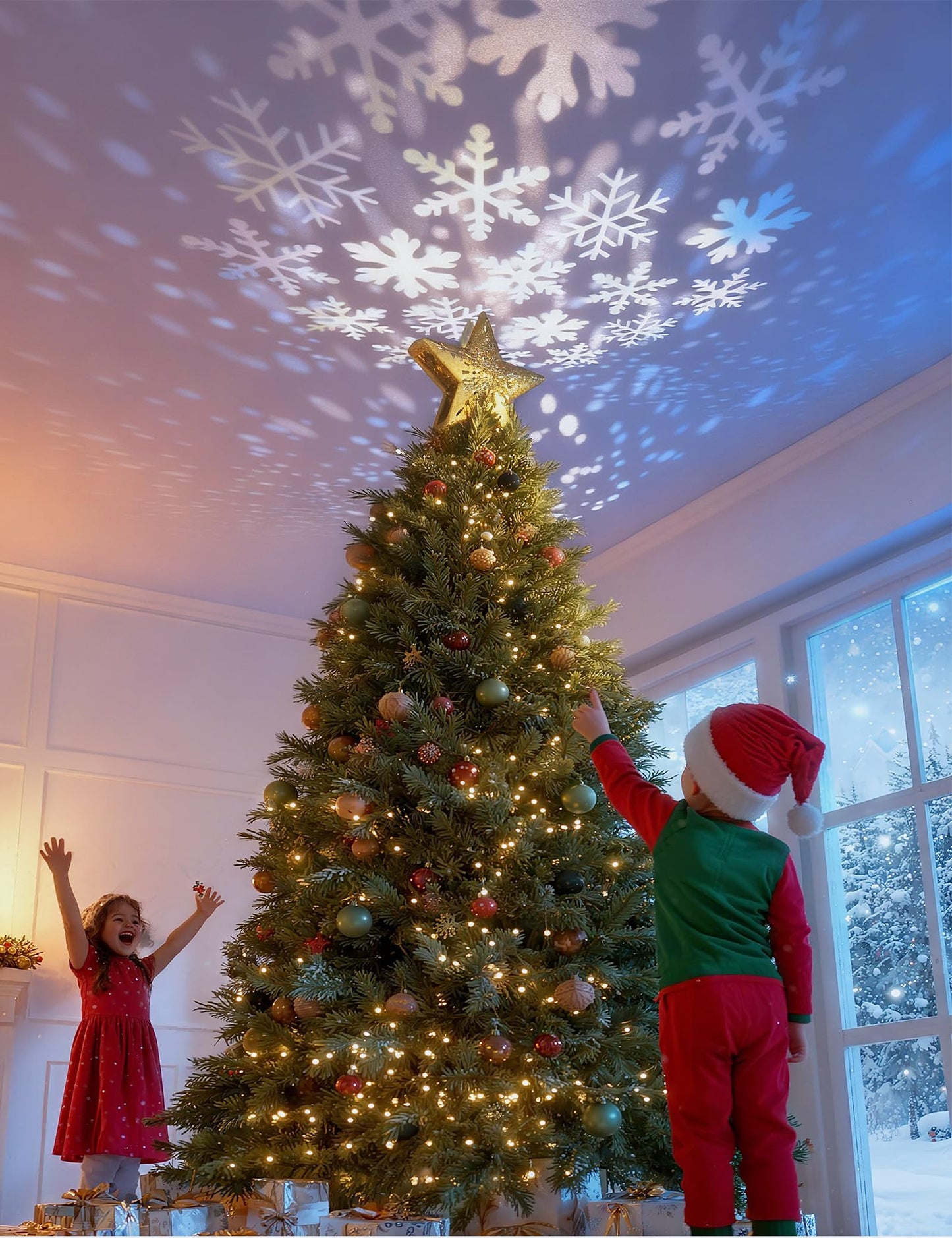 DG-Direct Christmas Tree Topper Lighted Star [Gold],3D Hollow Sparkling Star Christmas Tree Topper with Rotating Magic Cool White Snowflake Projector for Christmas Tree Ornament (Gold)