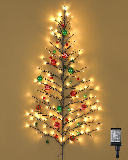 ElectricWise 5 FT 144 LED Lighted Wall Christmas Tree with Decorative Balls, 8 Light Modes Plug in Half Christmas Tree, Hanging Flat Mounted Trees for Holiday Apartment Room(Black, Red and Green)