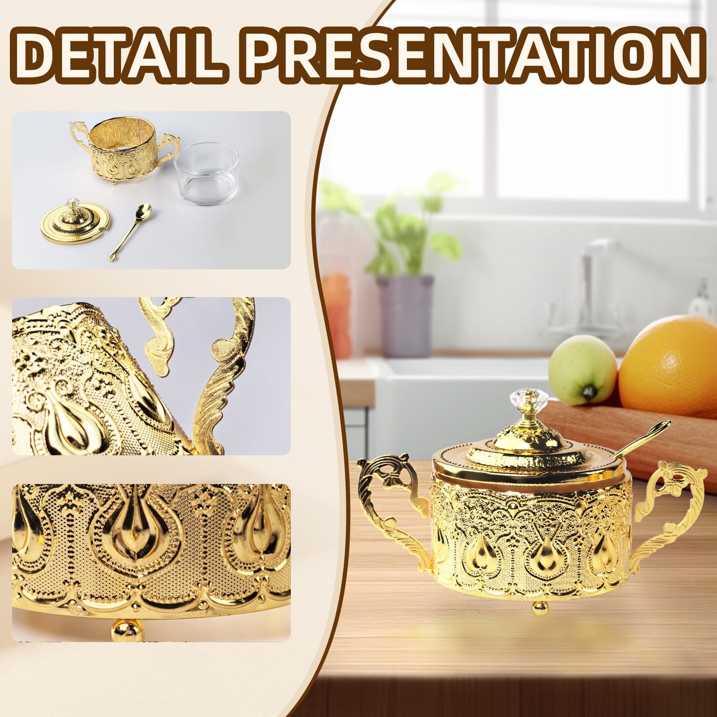 Flylin Sugar Bowl, Turkish Sugar Bowl with Lid and Spoon for Candy Cookie Honey, Golden Vintage Glass Seasoning Jar for Home and Kitchen Coffee Bar (6)