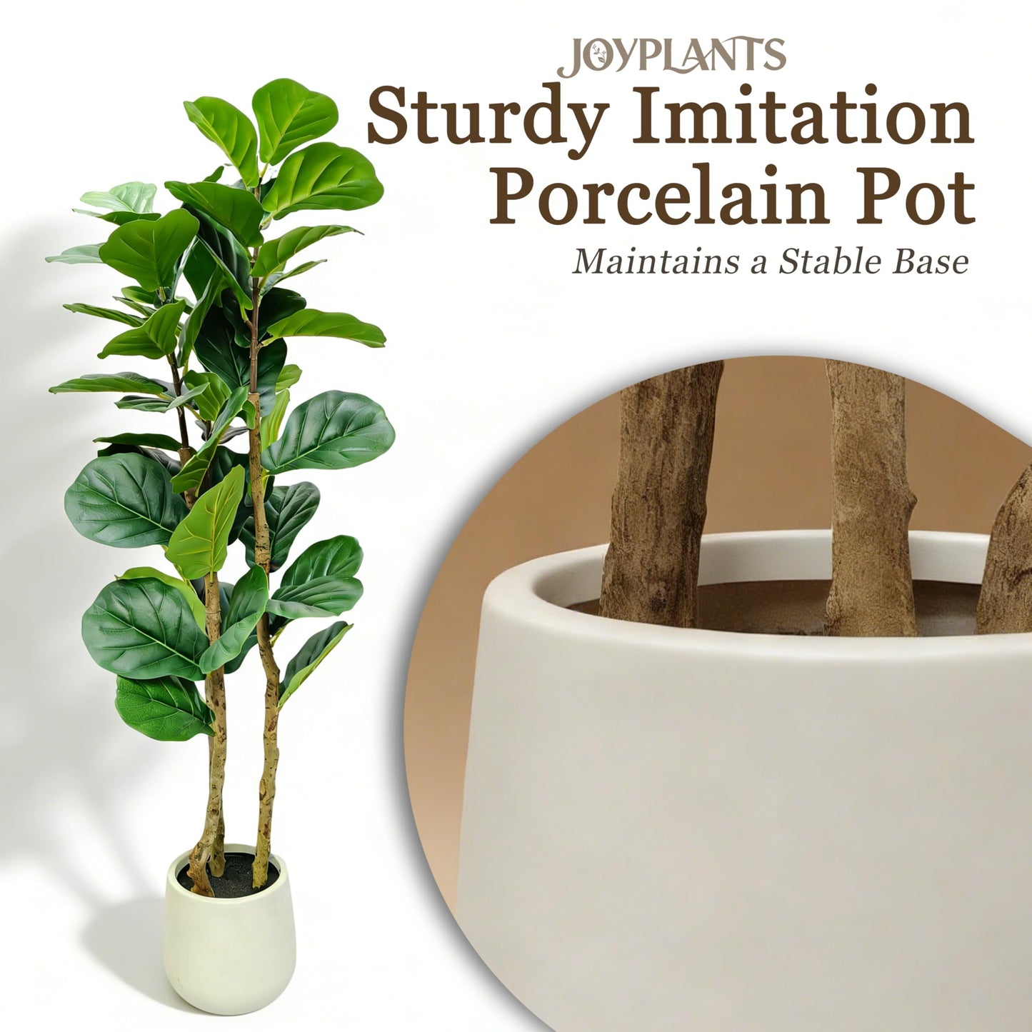 Joyplants 5ft Fake Fiddle Leaf Fig Tree, Realistic Fake Plants with Natural-Looking Trunk, Evergreen Faux Plants Indoor for Home & Office Decor（3 Poles, White Pot）