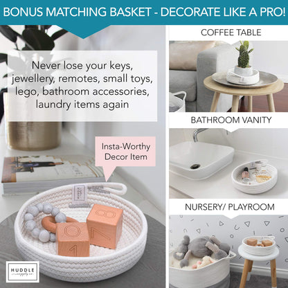 XXXL WASHABLE Large Blanket Basket 85L 2PCs Handmade Decorative Woven Baskets for Storage - Soft Durable XXX Large Cotton Rope Blanket Storage for Living Room, Toys, Organizer 22" x 14" (Grey/White)