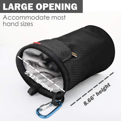 Rhino Valley Climbing Chalk Bag, No Leak Drawstring Chalk Bag with Adjustable Belt, Carabiner Clip and Zippered Pockets Chalk Bag for Rock Climbing, Cross Fit, Weight Lifting & More, Black