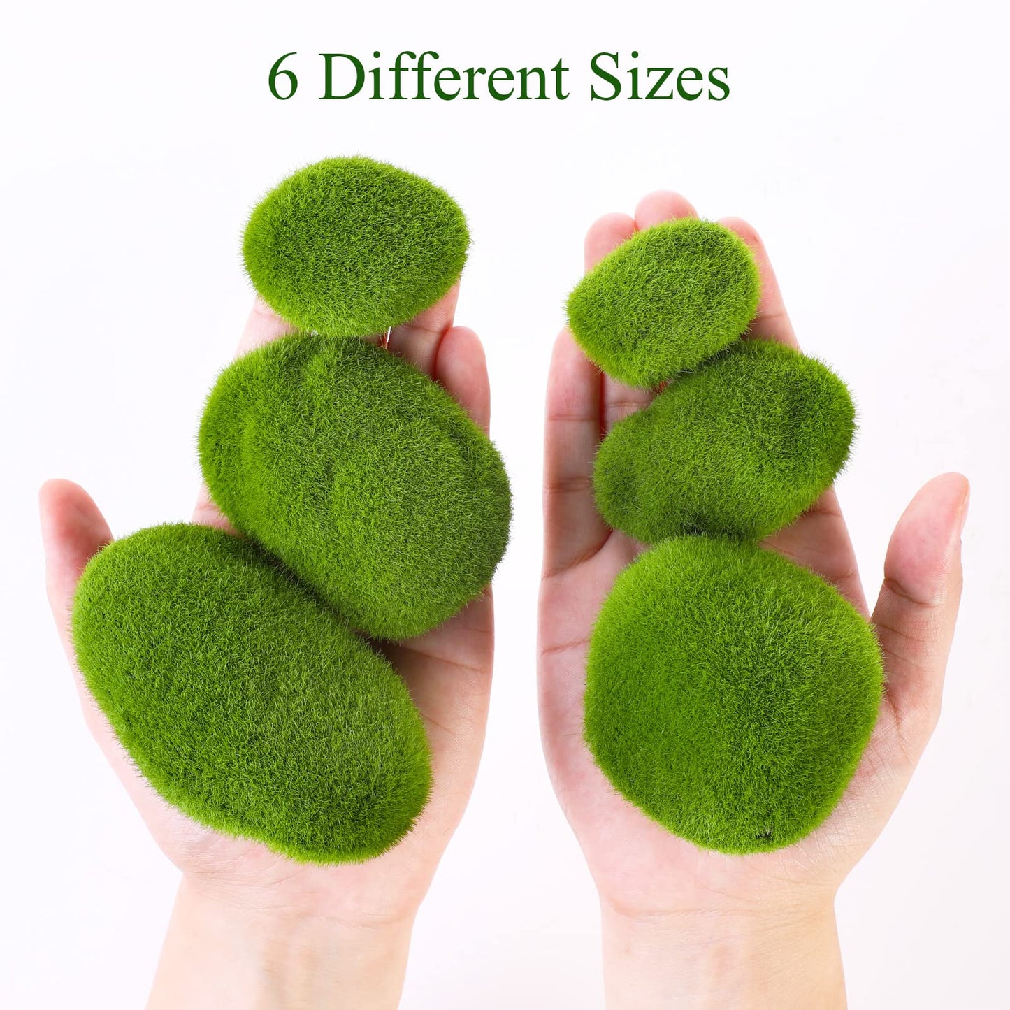 Kathfly 18 Pcs 6 Sizes Artificial Moss Rocks with Oval Wood Tray 13.8'' x 4.7'' x 1.2'', Small Green Moss Balls Decorative Fake Moss Decor Serving Trays Platters Wooden Plate for Garden Kitchen Decor