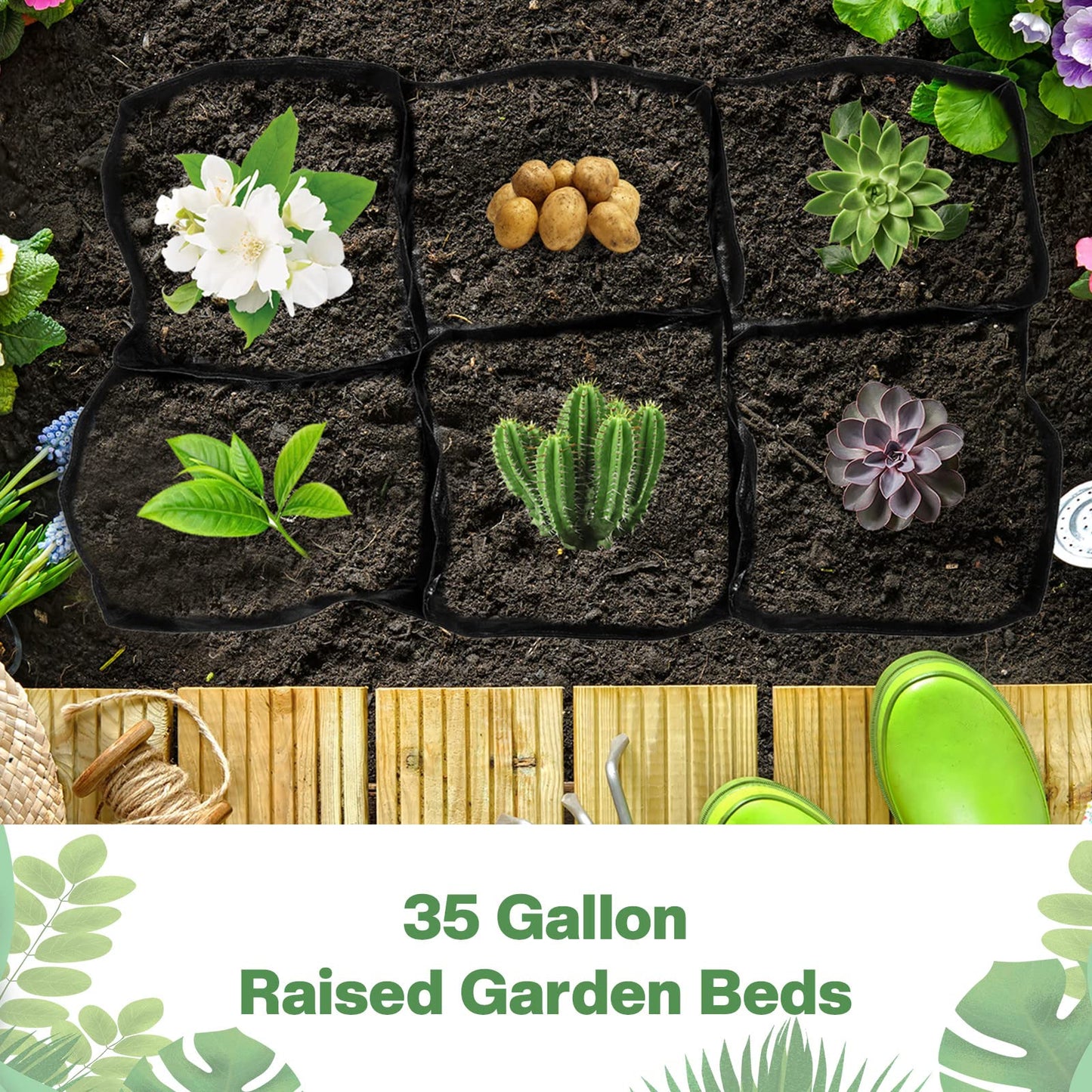 6 Pcs 35 Gallon Fabric Raised Garden Bed Breathable Planting Container Grow Bag with 6 Compartments Rectangle Large Raised Planting Bed for Vegetable Tomato Herbs Potato Fruits Flower Planter Pot
