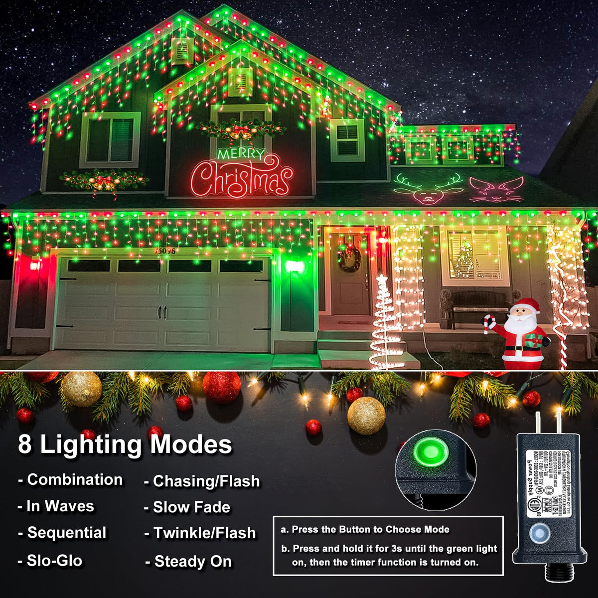 Icicle Lights for Outside - 33FT 400 LED Icicle Christmas Lights Outdoor with 75 Drops 8 Modes Timers, Waterproof Connectable Hanging Lights for Indoor Eaves Party Holiday Decorations, Red and Green