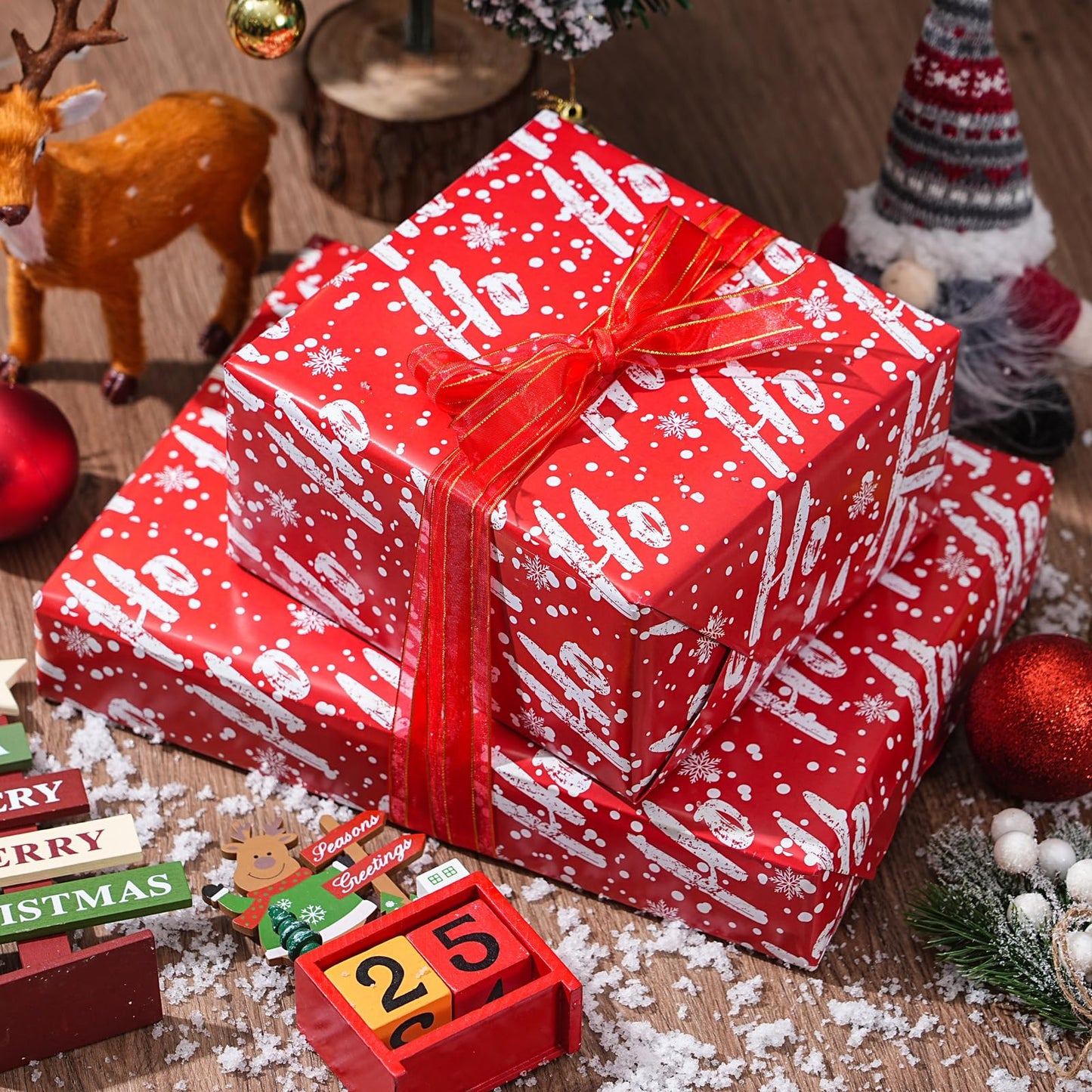 ZINTBIAL Christmas Wrapping Paper for Kids Adults - Xmas Wrapping Paper with Red/Black Plaid, Reindeer, Gnome, “Ho Ho” Words - 28 x 40 Inches, 6 Jumbo Sheets, Easy to Store