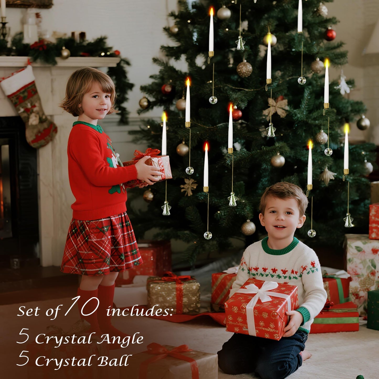 LUSHARBOR Christmas Tree Candles, 10 Pack Flameless Taper Candles for Christmas Tree Decor, Fake LED Candle Battery Operated with Remote for Xmas Wedding Home Gift with Crystal Ball Angel Hook