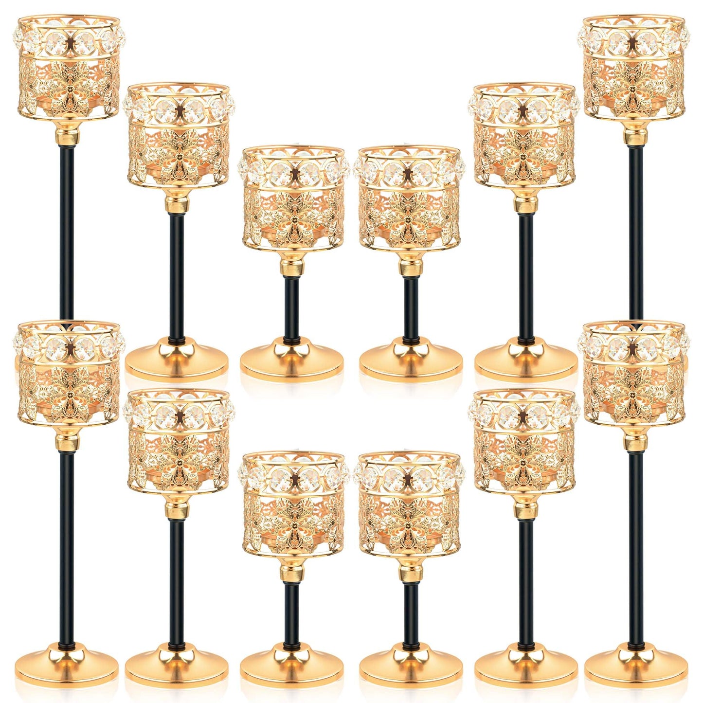 Kehail Set of 12 Floral-Carved Crystal & Metal Tealight Candelabras Bulk- Elegant Gold & Black Wedding Centerpiece, Dining Table Decor, Votive Candle Holders