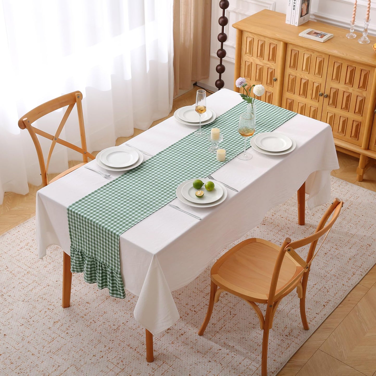Christmas Green White Plaid Gingham Ruffle Table Runner 120 inches Long Christmas 100% Washed Cotton Decorative Farmhouse Cabinet Cover (Green, 120"x13")