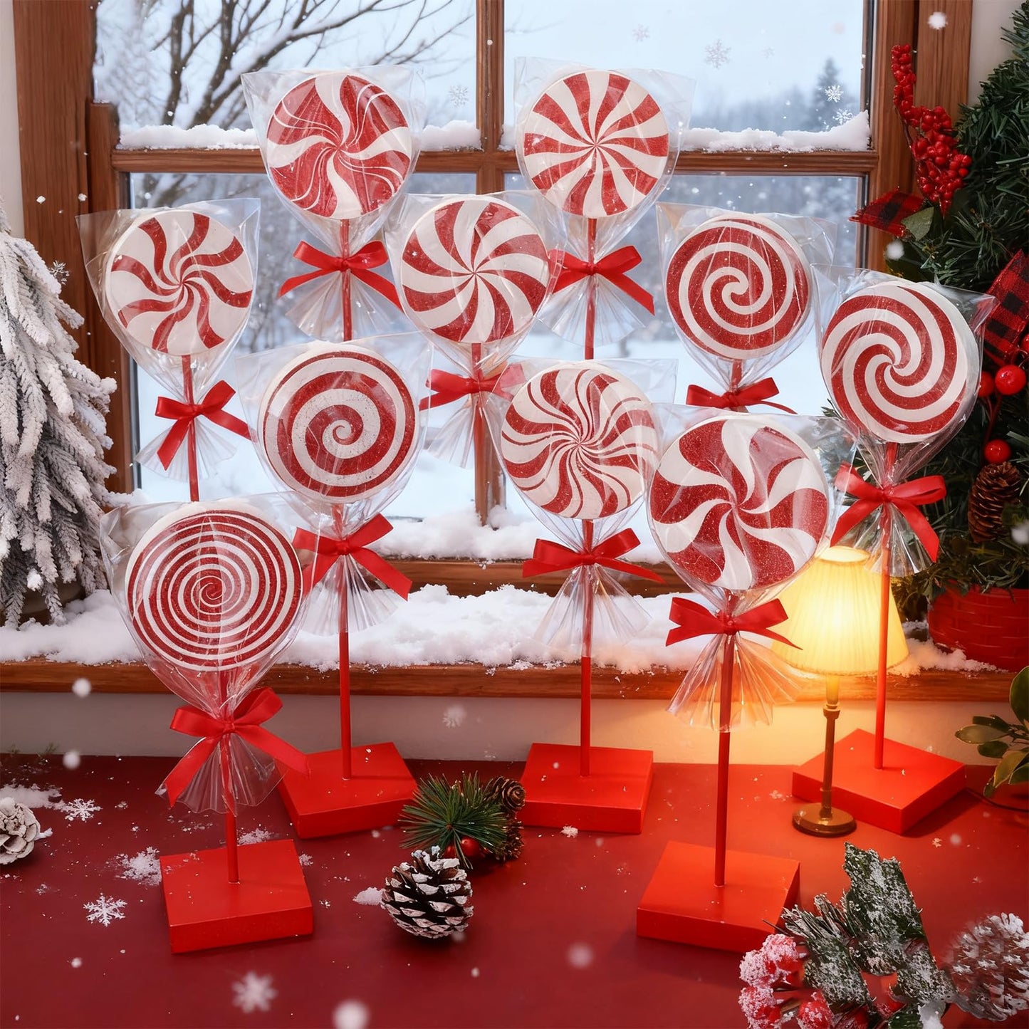 Chunful 10 Pcs Red Christmas Candy Wooden Tabletop Decor Candy Cane Christmas Decorations Table Centerpiece Sign for Xmas Tiered Tray Home Desk Office Party Decoration