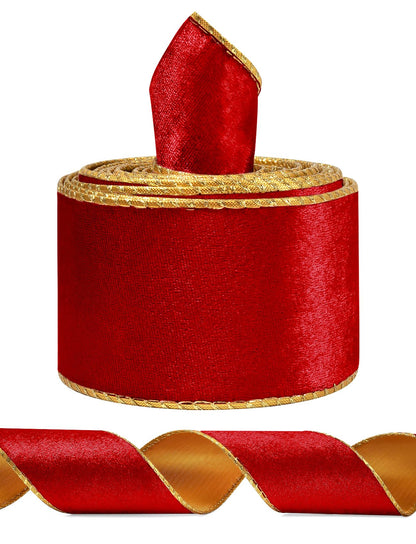 Red Wide Velvet Ribbon Wired for Christmas Tree, Garland, Wreath, 2.5 Inch 5 Yards