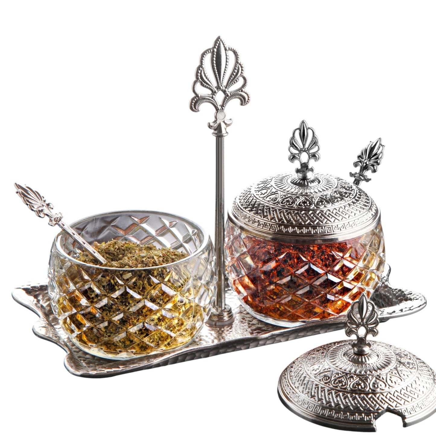 Alisveristime 2-Piece Spice Holder Set with Zamac Lids, Glass Jars, and Metal Tray Stand - Elegant Storage for Sugar, Salt, and Spices (Gold & Silver) (Silver)