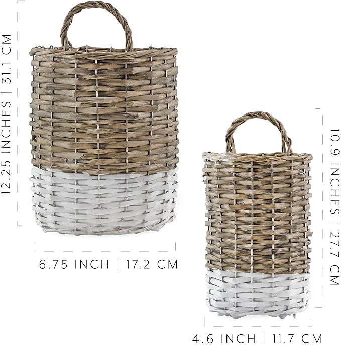 AuldHome Design Wall Hanging Baskets; Woven WIcker Rustic Farmhouse Two-Tone
