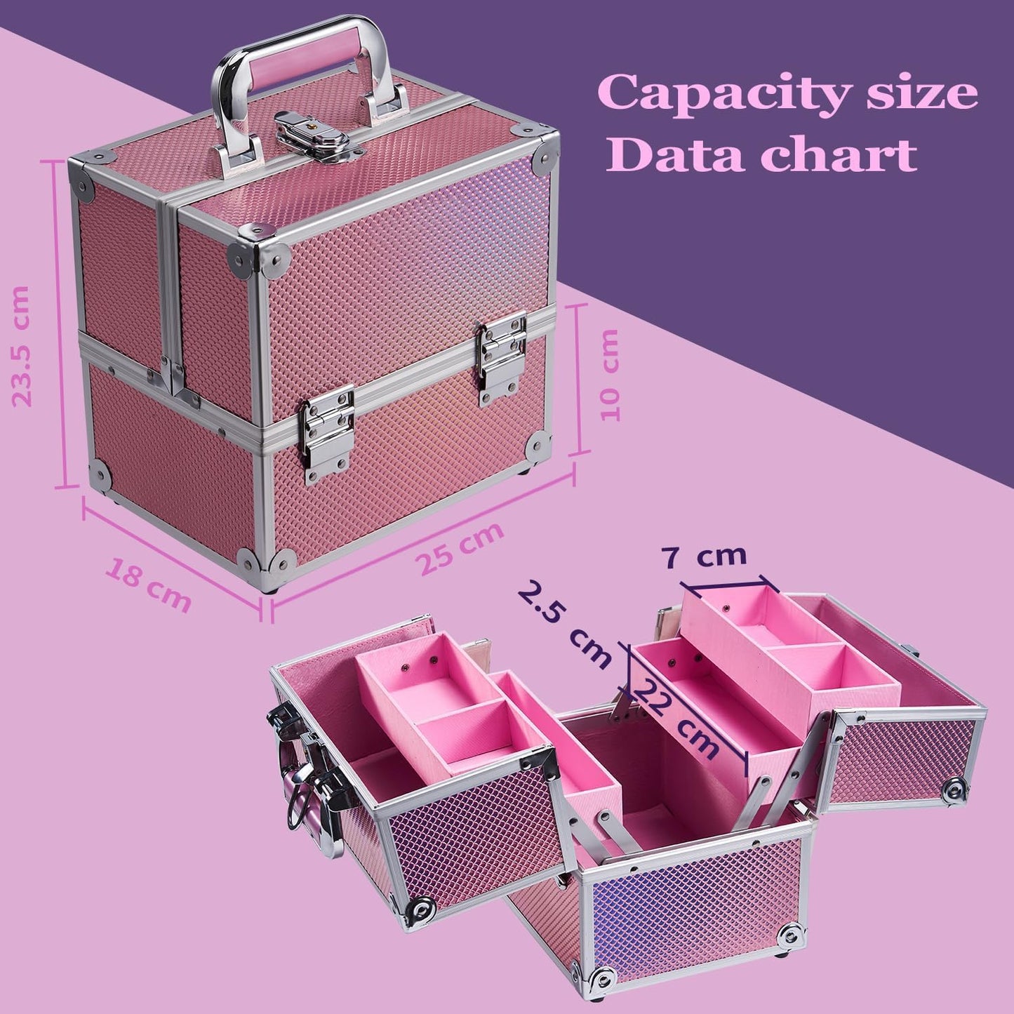Frenessa Makeup Box Organiser Cosmetics Case Jewellery Organiser Box Vanity Case Pink Make Up Storage Beauty Case Lockable with Keys