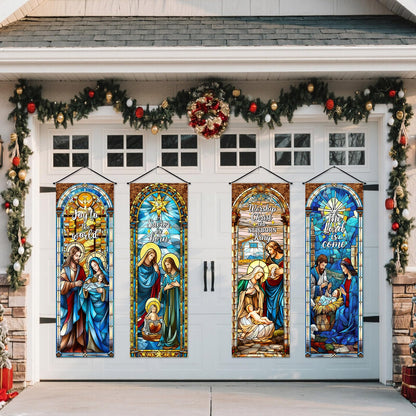 Panelee 4 Pcs Nativity Scene Banner Religious Christmas Backdrop Holy Nativity Stained Glass Style Wall Decorations Jesus Porch Sign for Xmas Indoor Outdoor Church Wall Hanging Decor