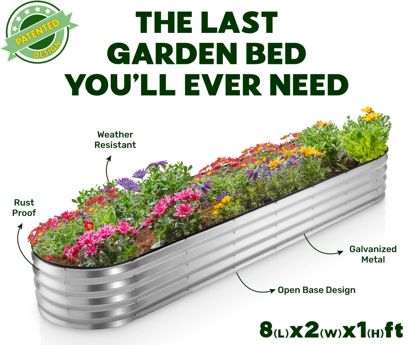 Plant & Plot Galvanized Raised Garden Beds Outdoor // 8×2×1 ft Planter Raised Beds for Gardening, Vegetables, Flowers // Large Metal Garden Box (Silver) // Patented Tool-Free Design