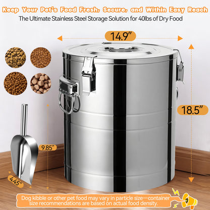 UPSKYPET 40lb Stainless Steel Dog Food Storage Container, Large Capacity Metal Pet Food Storage Container with Scoop, Airtight Dog & Cat Food Treat Bin for Dry Food Keep Fresh for Multi-Pet Households