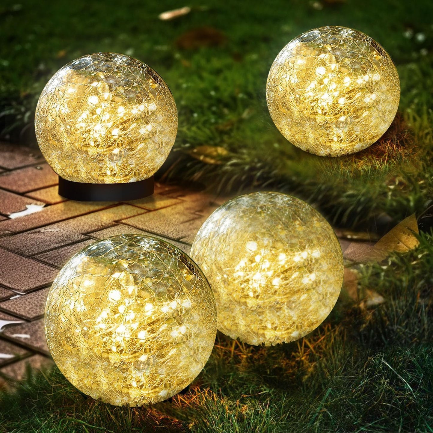 SyouHome Solar Garden Lights Outdoor Waterproof, 4 Pack Cracked Glass Ball Light, Ground Landscape Garden Decor, Solar Globe Decorative for Pathway/Patio/Lawn/Yard (Warm White, 4.7")