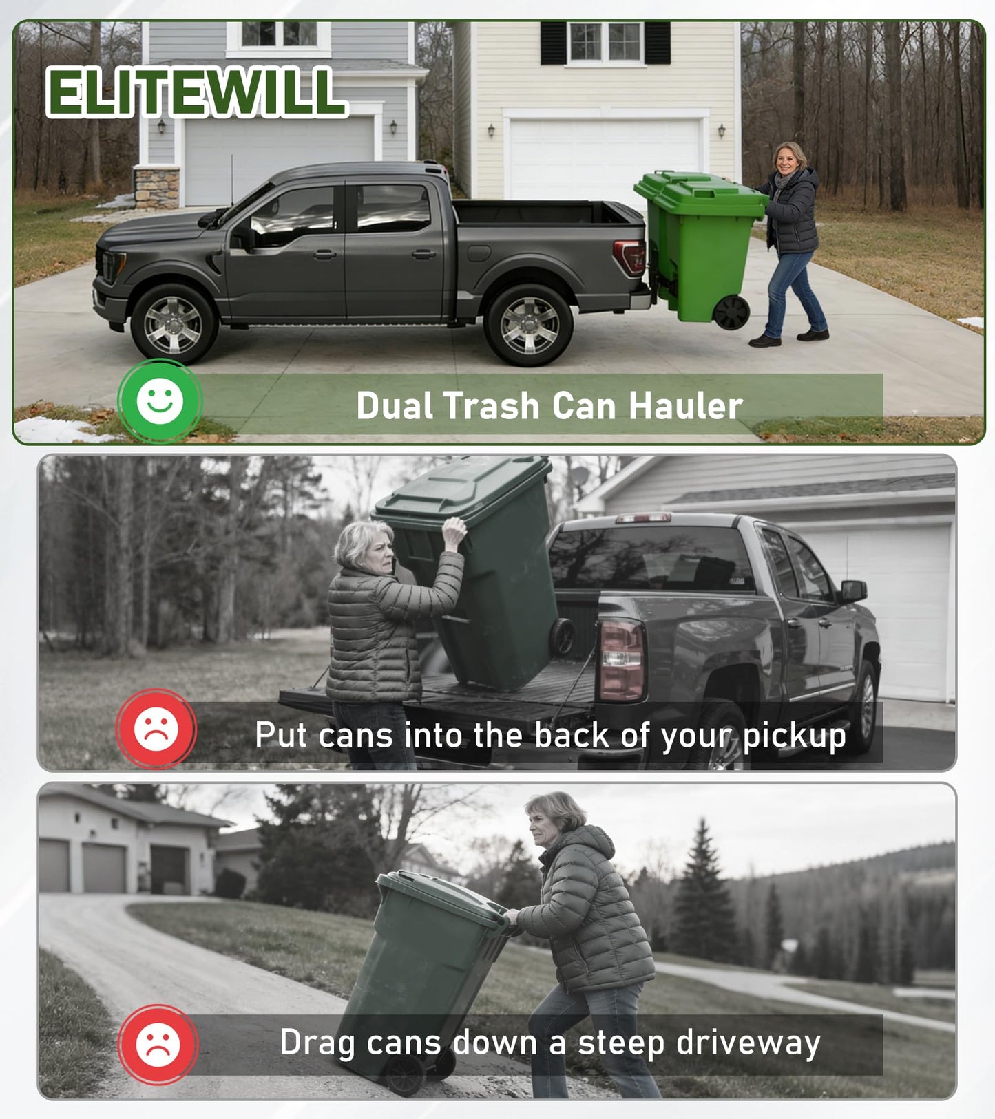 ELITEWILL Dual Trash Can Hauler Hitch Allowing Backing-up High-Loading Garbage Can Towing Hitch Carrier Fit for Pickup Trucks with 2" Hitch Receiver