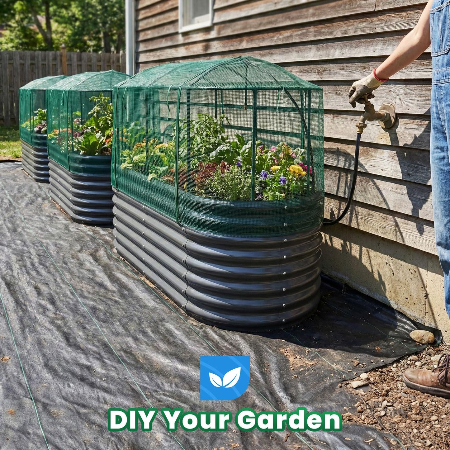 Quictent Galvanized Raised Garden Bed Kit with Self Watering System and Mesh Cover, Large Oval Metal Outdoor Planter Garden Boxes for Vegetables Herbs Flowers, 6x3x2Ft