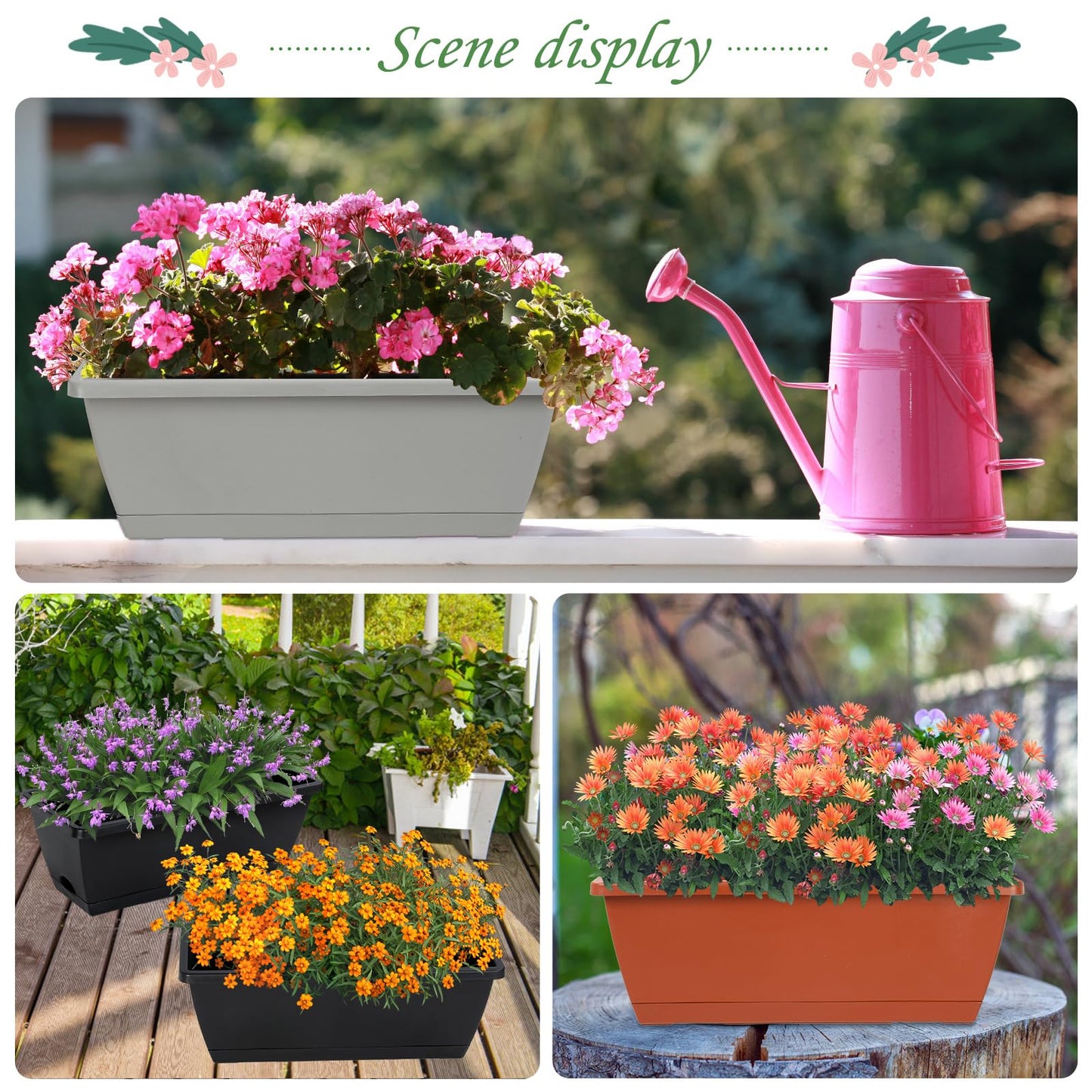 Lysjtsr 12Pcs 17Inches Rectangle Planter Box with Drainage Holes and Trays Plastic Planters Flower Boxes Pots for Indoor Outdoor Plants Patio Garden Home Decor Porch Yard (Black)