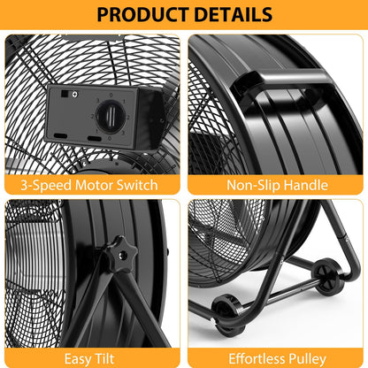 24 in High Velocity Drum Fan, Heavy Duty Industrial Fan, 8800 CFM Floor Fan, 3 Speed Garage Fan, Portable Air Circulator with 360° Tilt, Durable Metal Construction for Warehouse Workshop Jobsite