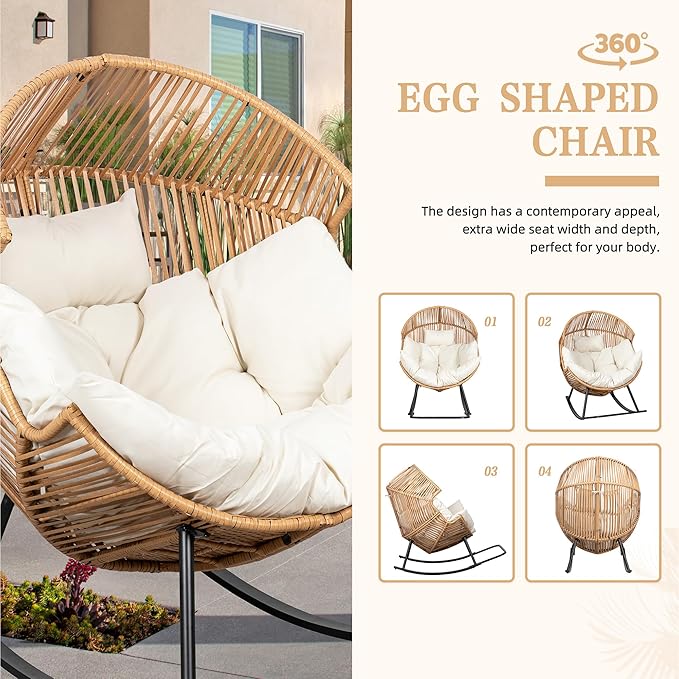 Vongrasig Wicker Rocking Egg Chair PE Rattan with Cushion, Oversized Patio Lounge Rocker Chair for Outdoor, Indoor, Livingroom, Backyard, Garden (Beige)
