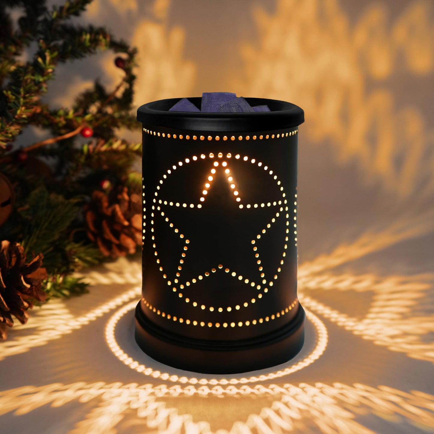 CVHOMEDECO. Electric Wax Melt Warmer Punched Stars Metal Tart Warmer Decorative Candle Warmer Burner for Scented Candles, Wax Melts and Tarts to Freshen Room, Idea for Home/Office Decor., Black