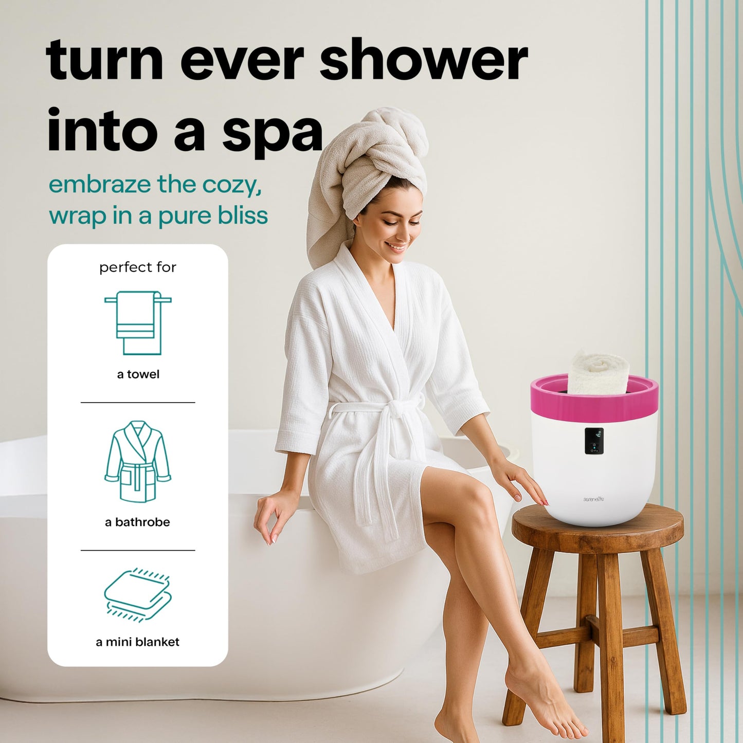 SereneLife Counter Towel Warmer Bucket - with Customized Fragrance for Spa and Bathroom, Luxury Heater, Auto Shut Off, Fits 1 Large Blanket, Bathrobe, PJs (Natural)