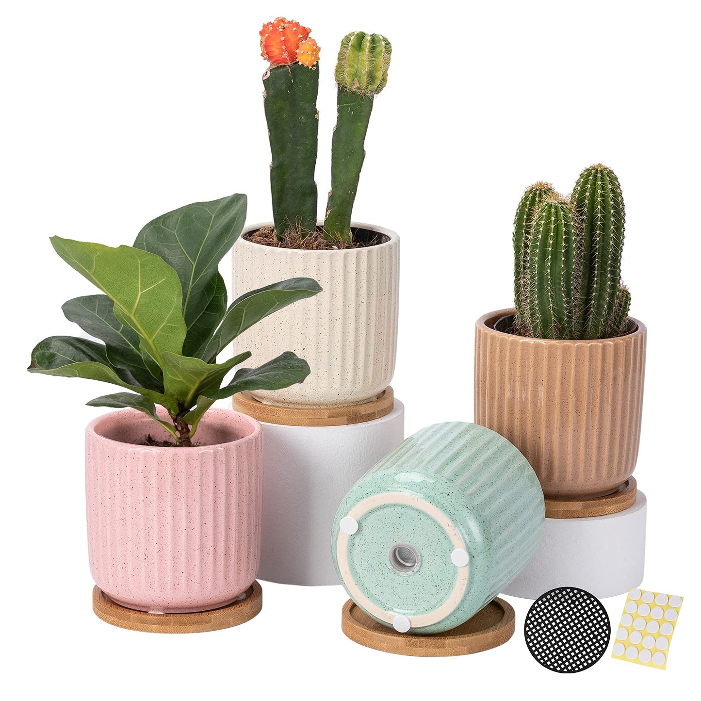 OMAYKEY 4 Inch Ceramic Plant Pot with Saucer, Adorable Stripe Multicolor Small Planters Pots with Drainage Hole & Mesh Pads for Succulent, Snake Plants, Cactus, Herbs - Set of 4
