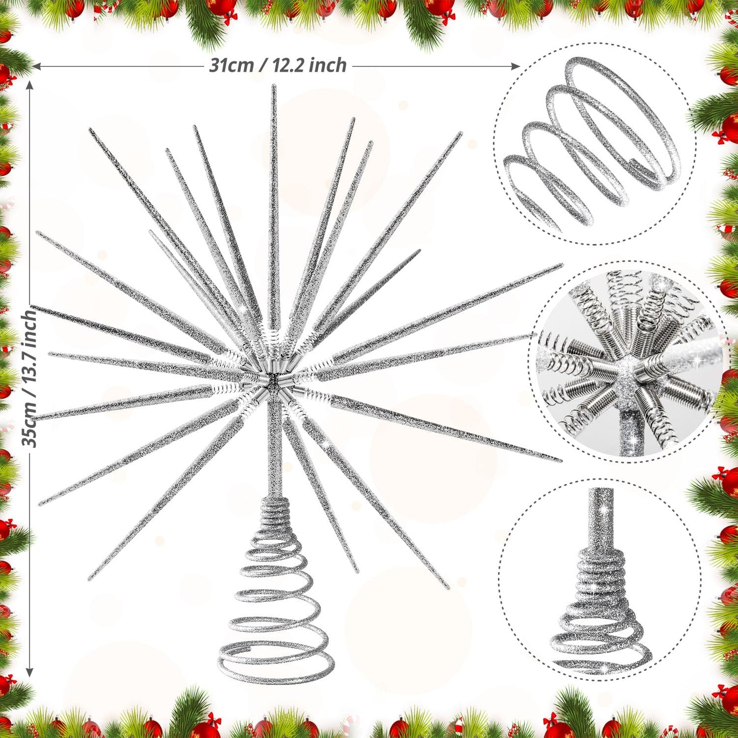 Silver Christmas Tree Topper 13.7 Inch - No DIY Silver Star Burst Tree Topper, Exploding Star Christmas Tree Decorations