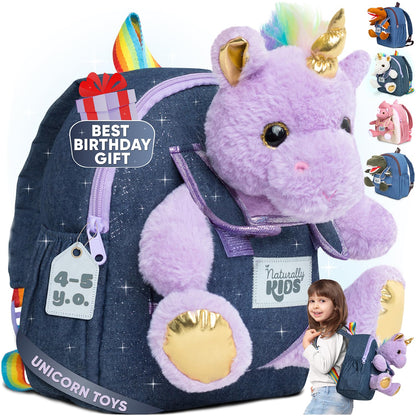 Naturally KIDS Small Unicorn Backpack - 3-4 Year Old Girl Gifts - Toddler Backpack for Girl Boy w Stuffed Animal - Toys for 3 Year Old Girls - w Pockets & Reflective Logo - Backpack w Purple Unicorn