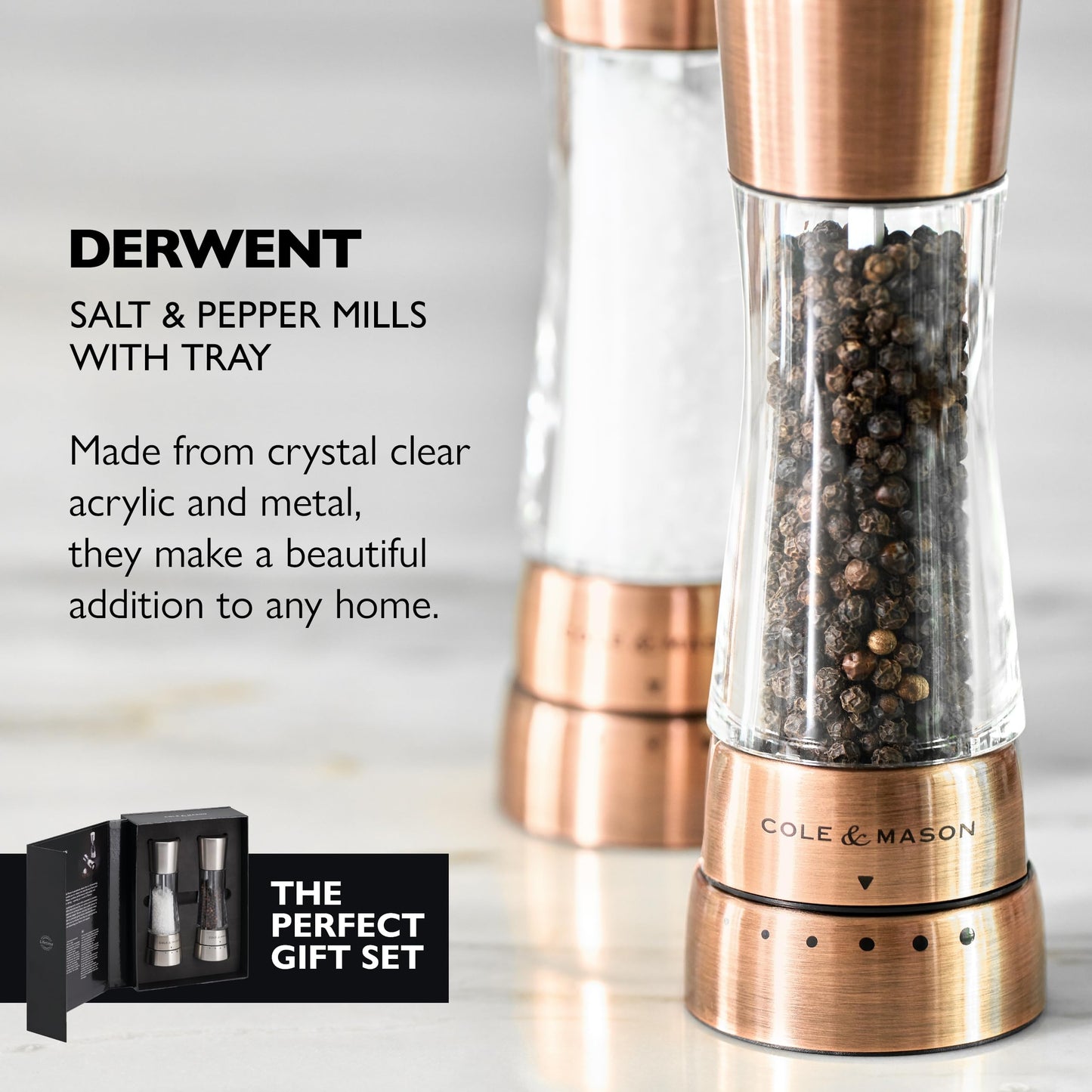 Cole & Mason Derwent Salt & Pepper Mill Gift Set - Refillable Seasoning and Spice Tools - Adjustable Grinder Settings - Copper With Salt and Pepper Tray