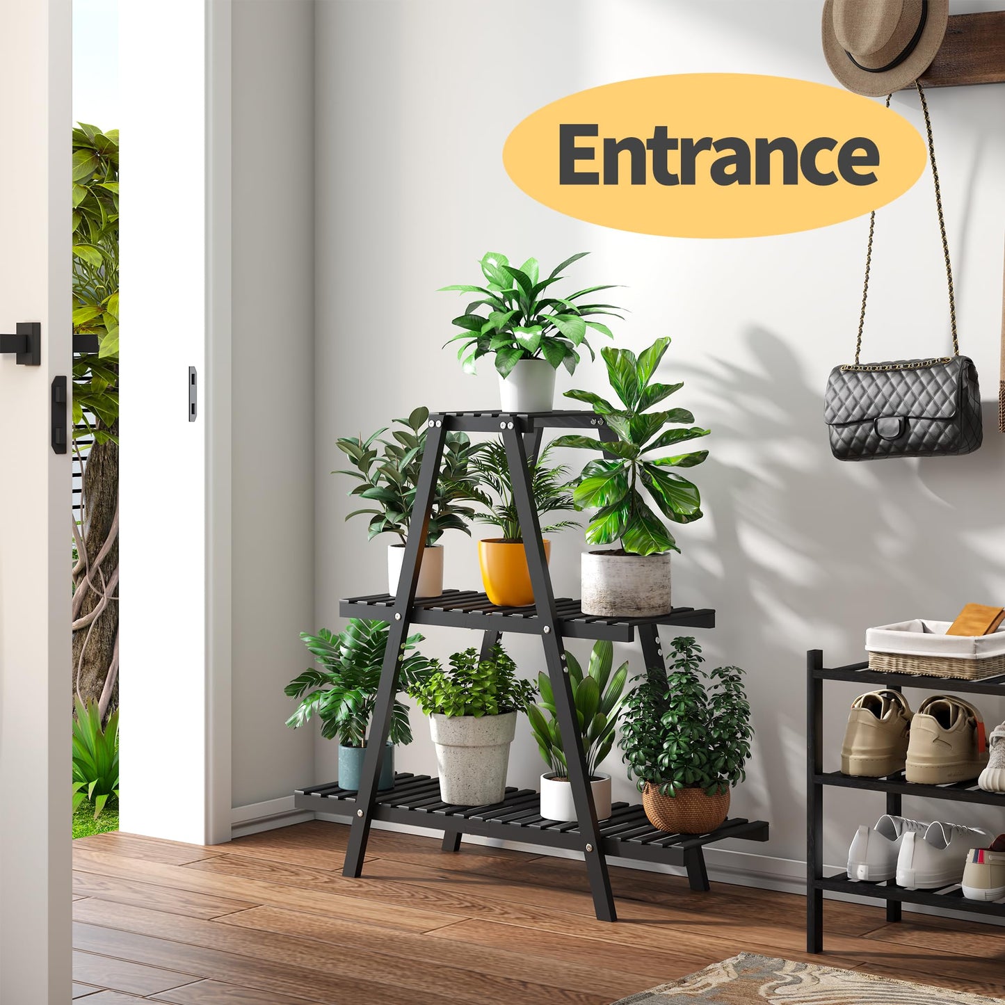 Furshus Bamboo Plant Stand Indoor/Outdoor, 3-Tier, Black, Rectangular, 8 Potted Flower Holder Ladder Plant Rack